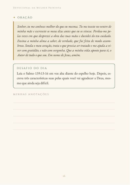 Oração, desafio do dia e espaço para anotações.